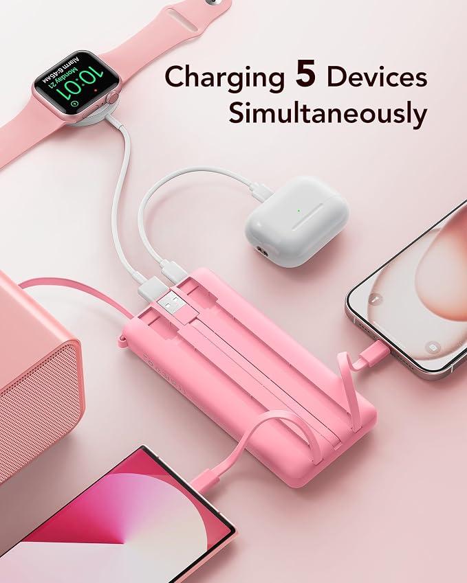 VRURC Portable Phone Charger, Built-in 4 Cables USB C Power Bank 10000mAh | Slim Power Bank for Travel,5 Output 2 Inpput Charging Bank,Multi Devices Battery Pack for iPhone,Android-Barbie Pink(1 Pack) - Image 3