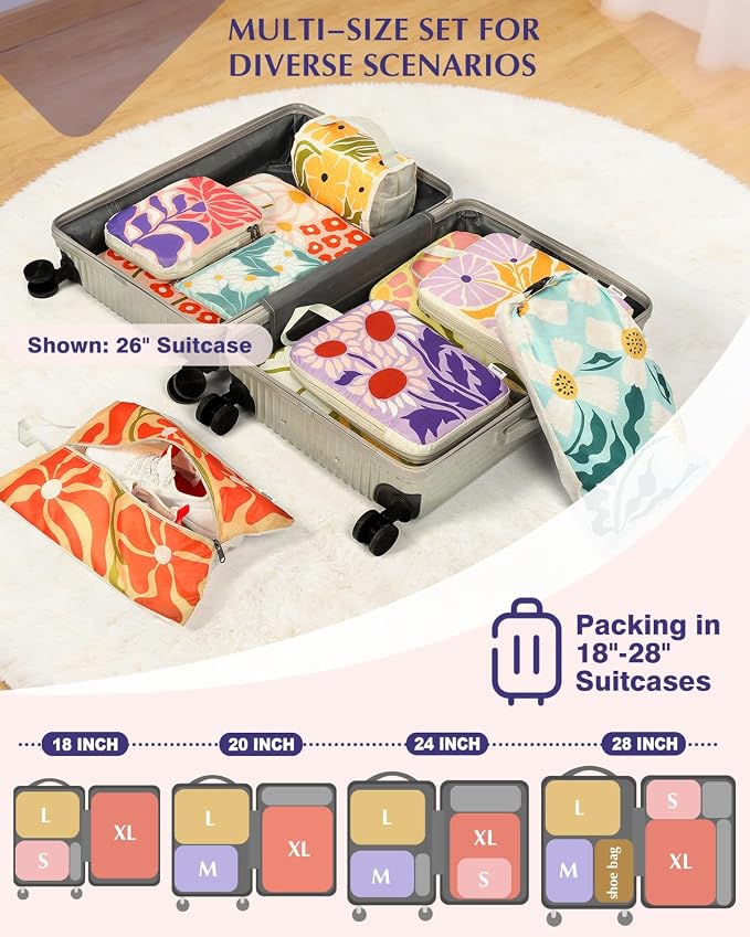 Gonex 10-Piece Compression Packing Cubes with Travel Organizer Set | Floral Pattern, Ripstop Fabric, Double-Zip Compression, Shoe Bag, Laundry Bag, Accessories Bag - Image 5