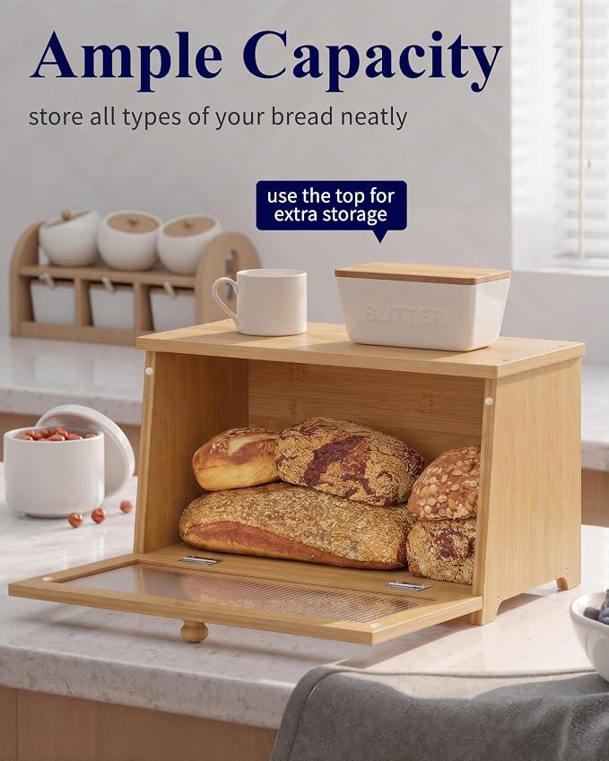 Kitsure Wooden Bread Box for Kitchen Countertop, 1-Tier, Bamboo | Large Capacity Kitchen Countertop Organizer, Stylish Bread Storage with Window, Multi-functional Container - Image 3