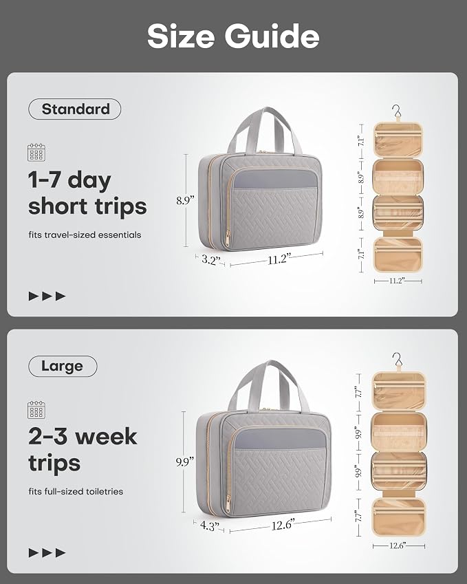 HOTOR Hanging Travel Toiletry Bag Women Men, Grey, Medium | Waterproof Makeup Bag Hanging Hook,Multiple Pockets,Travel Essentials,11.2 x 3.2 x 8.9inches - Image 2