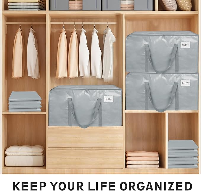 8 Pack-Extra Large Heavy Duty Moving Bags - Waterproof Storage Totes with Handles & Zippers, Foldable for College Dorm, Storage (light gray) - Image 5