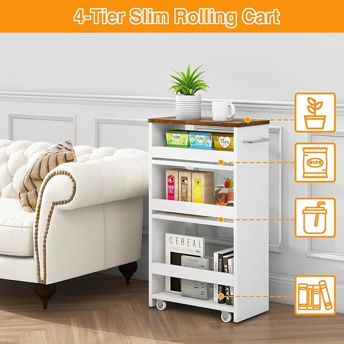 IBUYKE Slim Storage Cart Skinny Rolling Cart Utility Trolley UWST005W-L | 4-Tier,7.9" Narrow, with Handle & Lockable Wheels, for Kitchen Laundry Room Bathroom, Small Spaces,Space-Saving - Image 5