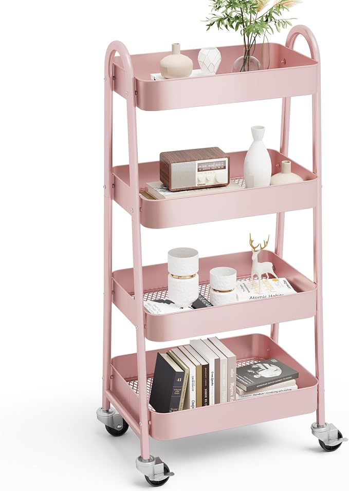 OLIXIS Metal 4 Tiers Rolling Storage Utility Cart with Lockable Wheels | Mobile Organizer Shelf, Space-Saving, Freestanding, Bathroom, Living Room, Slim, Narrow Corner Spaces, Pink by OLIXIS