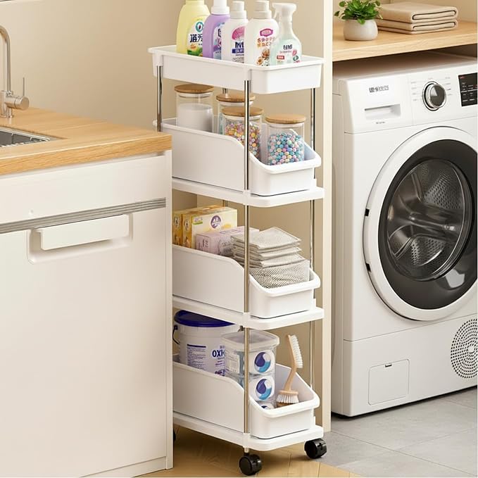 Slim Storage Cart 4 Tier Slim Rolling Utility Cart with Pull-Out Baskets & Wheels for Narrow Space in Kitchen Dining Room Bathroom Laundry Room Cream White (Width 6.3 Inches) - Image 4