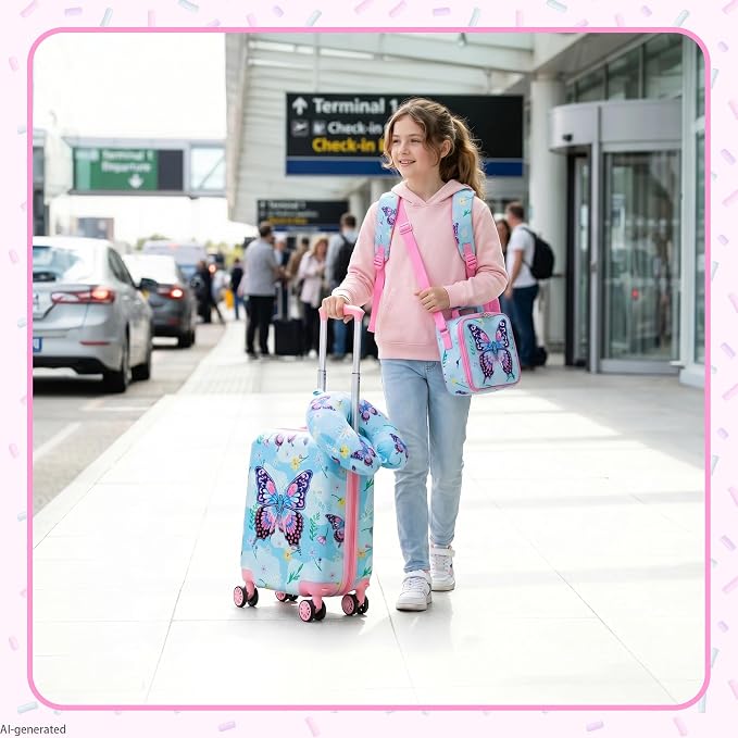 Kid's Luggage Set 5 Piece Suitcase Set 16" Hardside Luggage with Spinner Wheels Blue Butterfly Girls Carry on Toddler Travel Rolling Suitcase with Neck Pillow Airline Approved - Image 6
