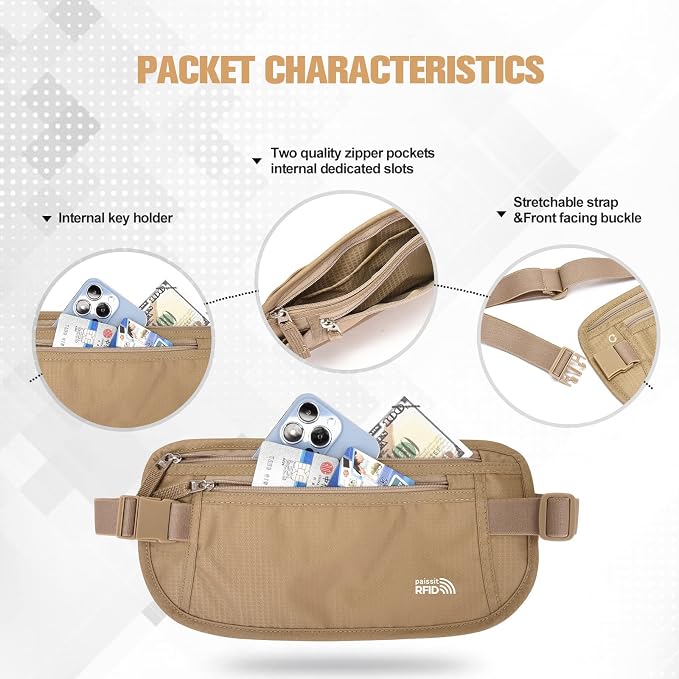 Unisex Money Belt For Men and Women, Slim Passport Holder RFID Blocking Travel Essentials Pouch with Adjustable Strap Small Waist Pouch for Workout Running Travelling Hiking, Beige - Image 4