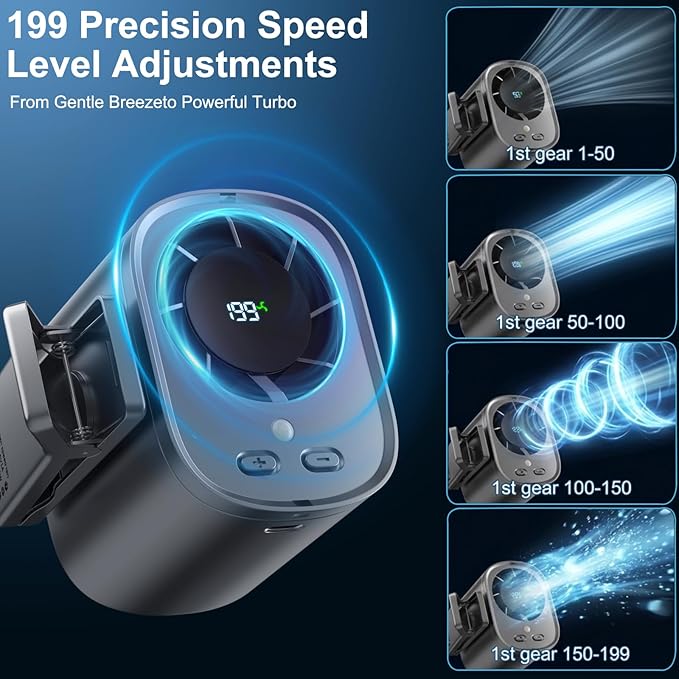Portable Clip on Air Conditioner Fan for Car with LED Display, 360° Rotation 199 Speeds Mini Cooling Fans, USB Rechargeable 1500mAh Battery Powered Personal Fan for Car Vehicle Stroller Office Camping - Image 4