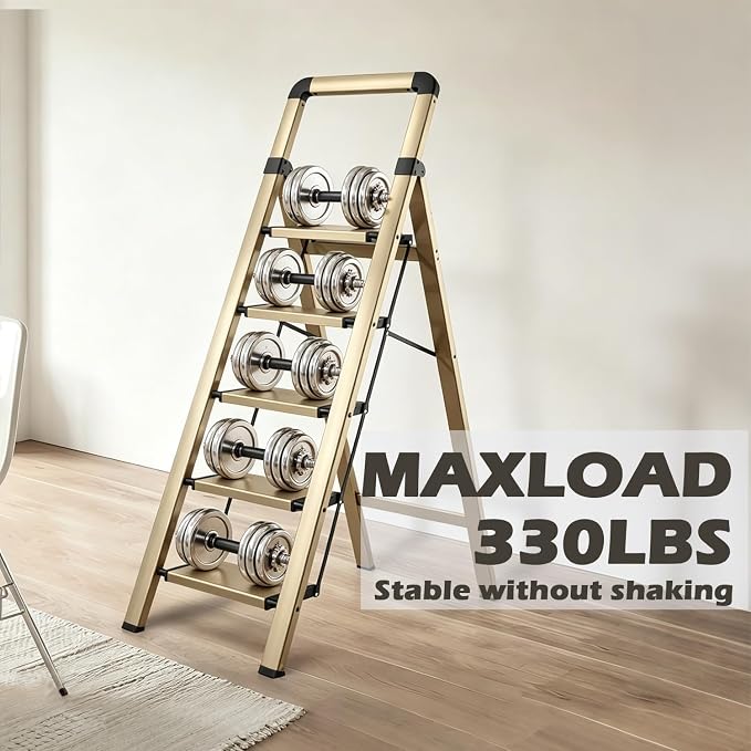 Step Ladder 5-Step Champagne Finish Aluminum Folding Ladders | Anti-slip Sturdy Foldable Ladder Step Stool for Kitchen Home Office Libaray - Image 6