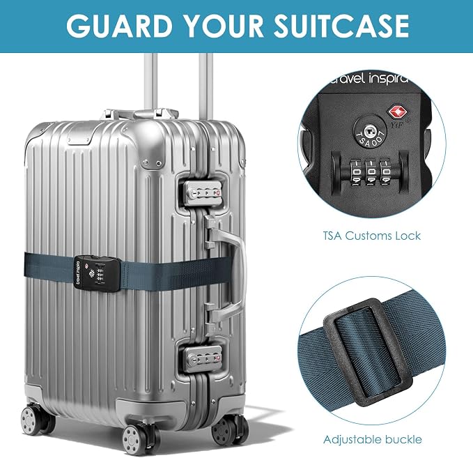 Travel Inspira Heavy Duty Luggage Straps with TSA Lock Navy Blue | Anti-Burst Protection; TSA-Lock Belt with Tag; Adjustable 103-200cm; 20-28 Inch Bags; Anti-Burst Protection for Buiness - Image 2