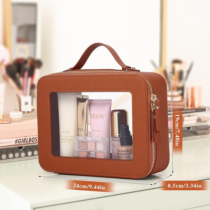 Pinkmik Clear Makeup Bag, (Brown, L) | Mahjong Tiles Bag ,Travel Cosmetics and Toiletries Case, Portable Makeup Organizer,Car Bag with Zipper,Waterproof, - Image 3