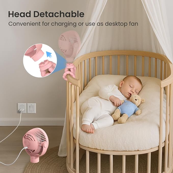 Coohea Portable Stroller Fan, 25H Long-lasting, 4 Speed, Night Light, Pink | 4000mAh Rechargeable Battery Powered Fan, Head Detachable 360° Rotate Mini Fan, Easy to Wrap for Car Seat Crib Bike Treadmill - Image 4