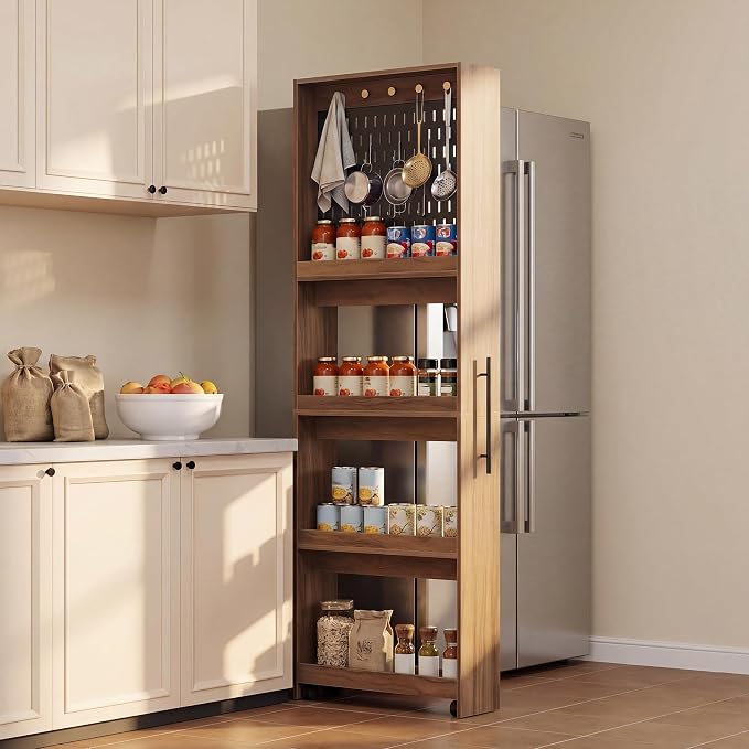 Extra Tall Slim Storage Cart Next to Fridge, Rolling Utility Cart on Wheels | with Metal Pegboard with Pegs, 4-Tier Mobile Shelf Organizer for Narrow Gaps - Image 4