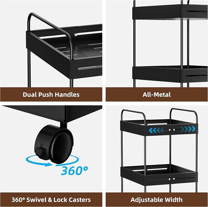 Extendable 3 Tier Heavy Duty Metal Utility Cart for Bath, Black | Adjustable Storage Slim Cart | with 360° Swivel Wheels Cart | Detachable | Perfect for Laundry, Kitchen, Office, Garage - Image 8