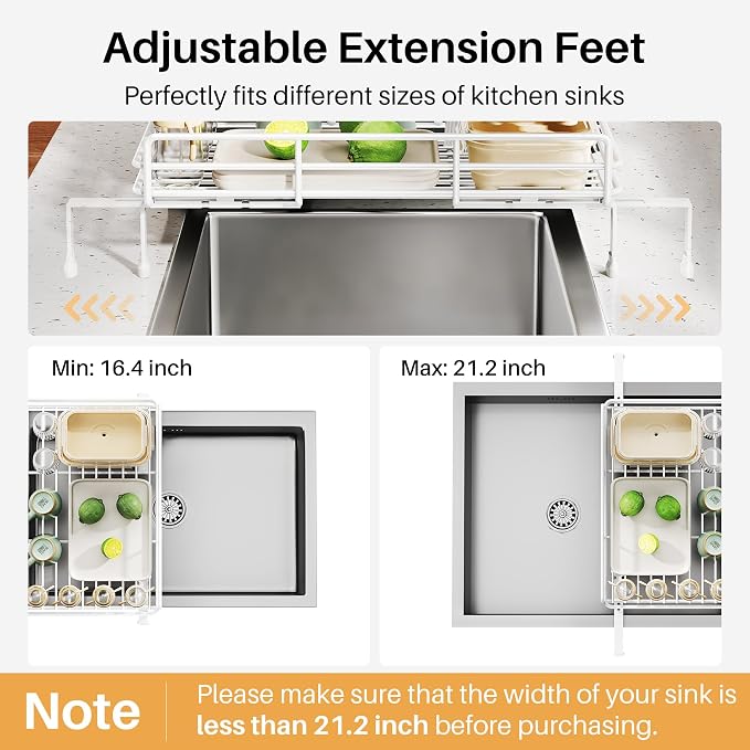 Expandable Dish Drying Rack for Kitchen Counter, Stainless Steel, White | Foldable Over Sink, Large Capacity, Adjust to Fit Most Sinks, Angled Drainboard, Removable Utensil Holder, Slip Resistant - Image 7