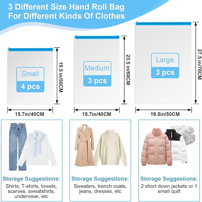 10 PCS Compression Bags for Travel Essentials, 3 Sizes Space Saver Bags, No Vacuum or Pump Needed, Roll Up Vacuum Packing for Clothing Storage, Cruise Accessories, Luggage & Home Organizers - Image 3