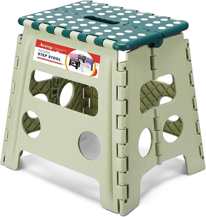 Foldable Step Stool for Adults 13 Inch, 300 lbs, Green | Lightweight Stepping Stool with Handle and Non-Slip Surface, for Reaching Kitchen Cabinets, Bathroom Shelves and Closets by ACSTEP