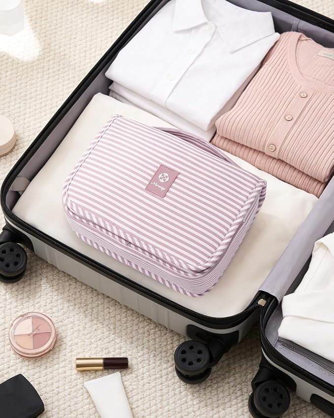 Narwey Small Hanging Toiletry Bag for Travel Women Girl, Striped Toiletries Travel Bag with Hook, Hanging Makeup Bag Organizer Make Up Cosmetic Bags, Gifts for Kids Teen (Dusty Pink Stripe) - Image 7