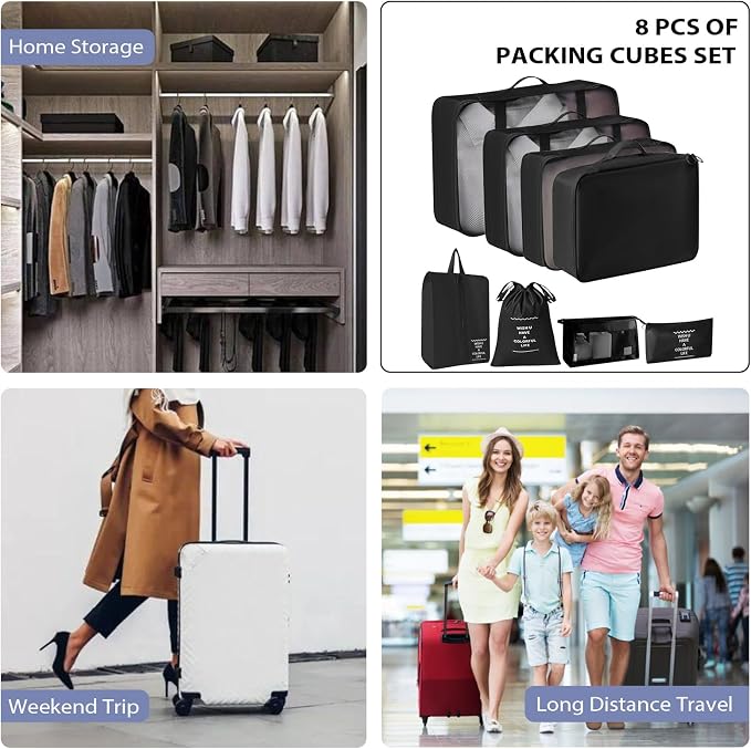 8 Set Packing Cubes for Suitcases, INVODA Travel Luggage Packing Organizers with Laundry Bag, Compression Storage Shoe Bag, Clothing Underwear Bag (Black) - Image 9
