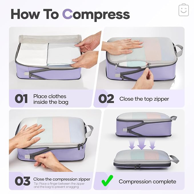 Veken 9/11 Set Compression Packing Cubes Garment Bags for Travel Essentials,Compressible Expandable Luggage Organizer Bags for Clothing,Space Saver Bags with Over 1000 pcs of Mesh Holes(Purple Gray) - Image 3