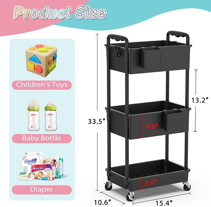 SUNALLY Baby Diaper Caddy Cart,3 Tier Rolling Diaper Cart for Nursery | Large Capacity & Easy Assemble Diaper Storage Organizer with Lockable Wheels for Newborn, New Mom, Baby Girl Boy Essentials - Image 2