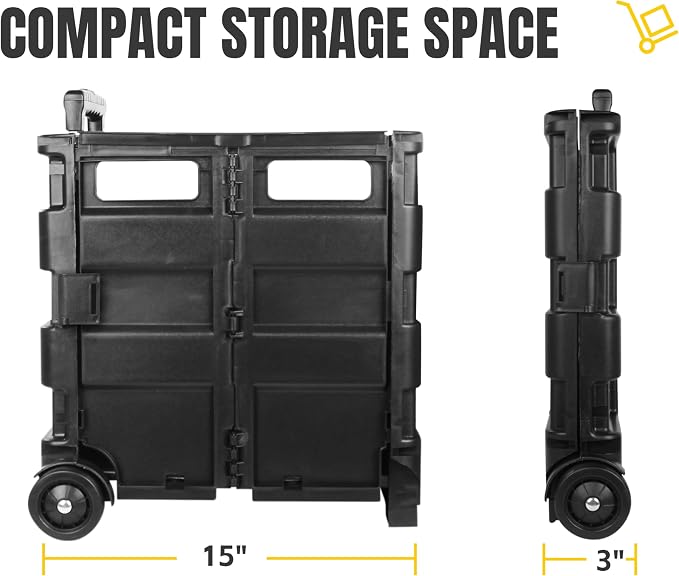 MaxWorks 51051 Collapsible Black Rolling Folding Dolly Cart for Teachers - Multi-Functional Dolly with Extra Storage Durable Wheels and Easy-to-Fold Design for Classroom Office Shopping - Without Lid - Image 2