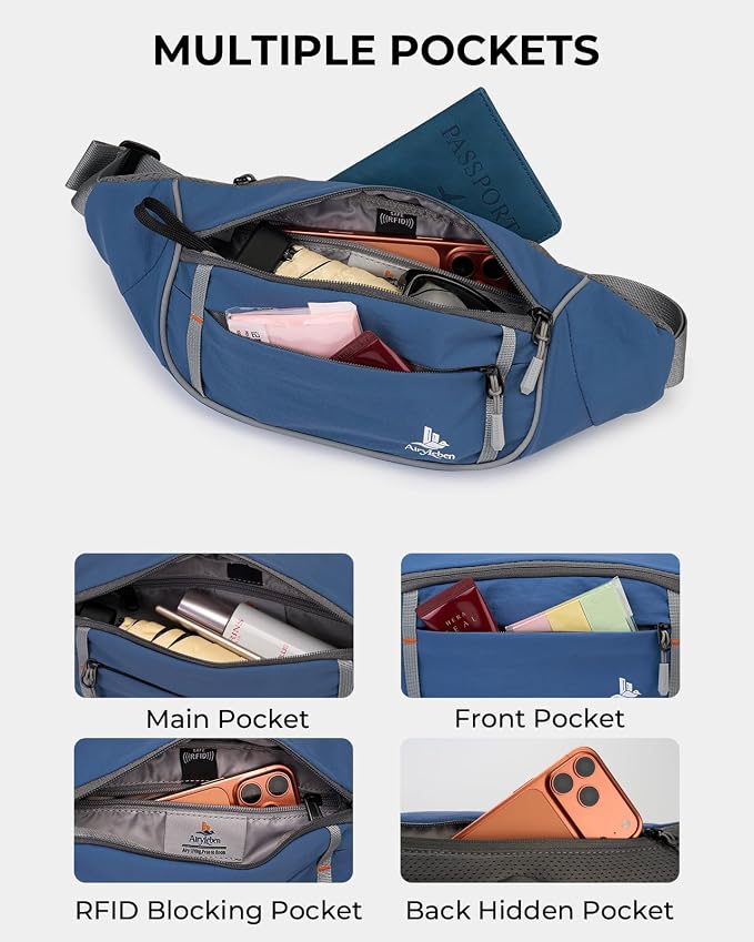 2.5L Fanny Pack for Women Men, RFID Blocking Crossbody Belt Bag, Blue | Lightweight Water-Resistant Fabric, Adjustable Belt, Breathable Back Padding, Waist Bag for Running Hiking Dog Walking - Image 3