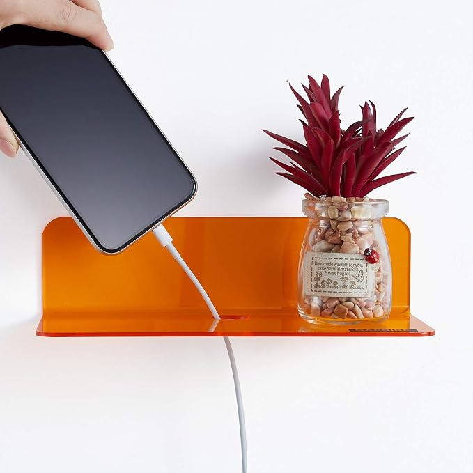 OAPRIRE Small Acrylic Floating Wall Shelves Set of 2, Flexible Use of Wall Space, 9 Inch Adhesive Display Shelf for Security Cameras/Smart Speaker/Action Figures, with Cable Clips - Clear Orange | Strong Tape Adhesive Wall Shelf, Easy Installation, Hol... - Image 7