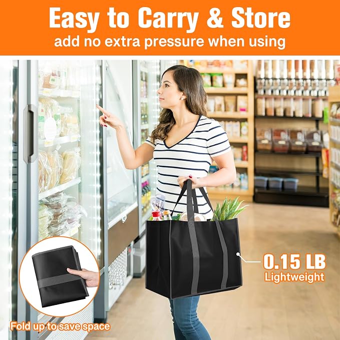 WISELIFE Reusable Grocery Bags with Handles, Foldable, 35L, 8 Pack, Black | Large Shopping Bags with Reinforced Stitching, Water-Resistant Grocery Totes for Kitchen, Market, Car Trunk, Picnic - Image 6