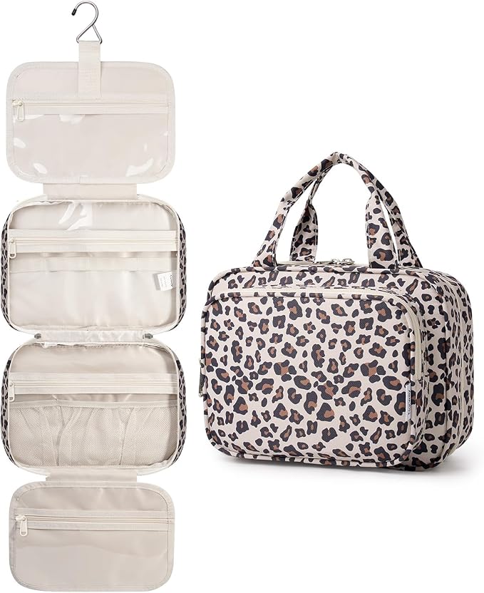 Narwey Hanging Toiletry Bag for Women, Travel Makeup Bag Organizer, Dry Wet Separation, Portable Bathroom Travel Bag for Toiletries, Cosmetics, Essentials, Brushes (Leopard) by Narwey