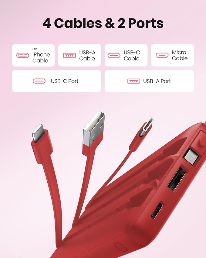 Portable Charger Power Bank, External Battery Pack with Cords Wires, Light 10000mAh Travel Essentials Battery Bank 5 Outputs 2 Inputs LED Display Compatible with iPhone/Android &More(Magenta) - Image 2