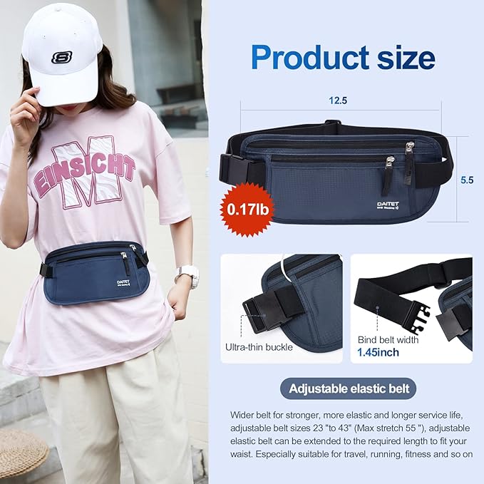 RFID Blocking Money Belt for Men Women, Slim Fanny Pack for Travel，Running,Conceal Waist Wallet for Passport Holder,Phone,Cash(Black Dark Blue) - Image 5