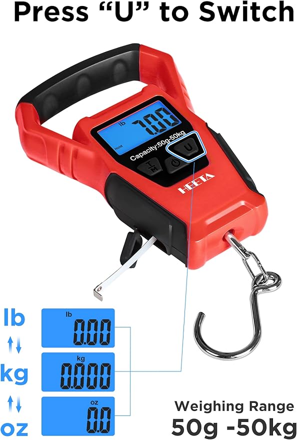 HEETA Waterproof Fish Scale Digital Hanging Fishing Luggage Weight Scale | Up 110lb/50kg Portable Scale with Backlit LCD Display, for Home & Outdoor, Measuring Tape and 2 AAA Batteries Included - Image 5