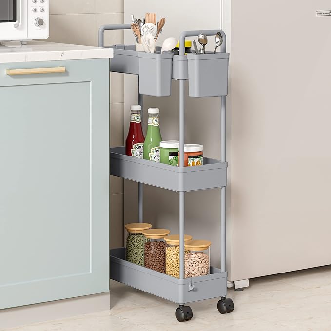 SOLEJAZZ Slim Rolling Storage Cart Skinny Bathroom Organizer, 3 Tier, Gray | Thin utility cart with wheels for bathroom, laundry room, bedside, kitchen, dorm, office, next to fridge, small narrow places - Image 4