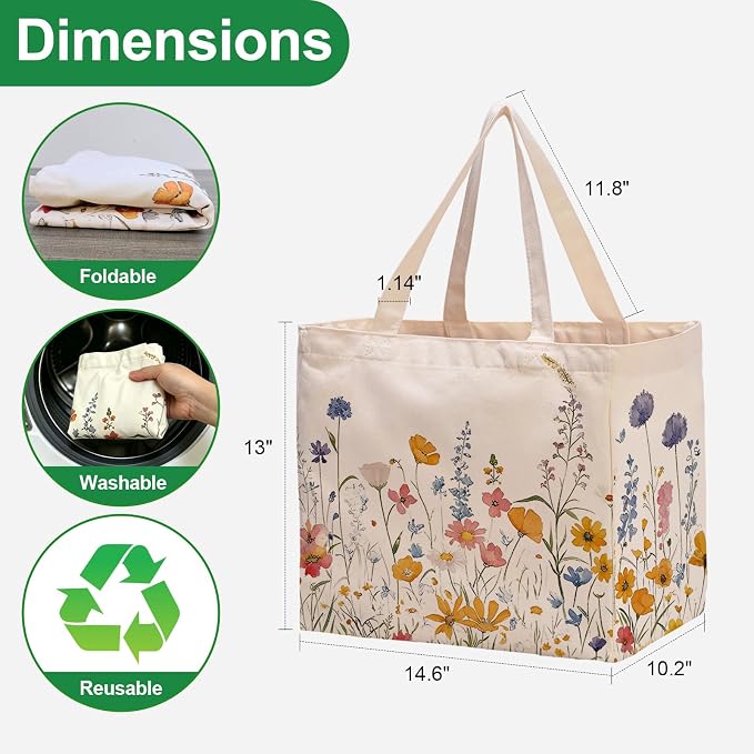 Aesthetic Canvas Reusable Grocery Bags Heavy Duty, 8.3 gal Foldable Large Tote Bag with Handles, Holds 60 lbs & Washable Eco-friendly Bags with 5 Pockets, Beige with a print 3 Bags（Wildflowers） - Image 5