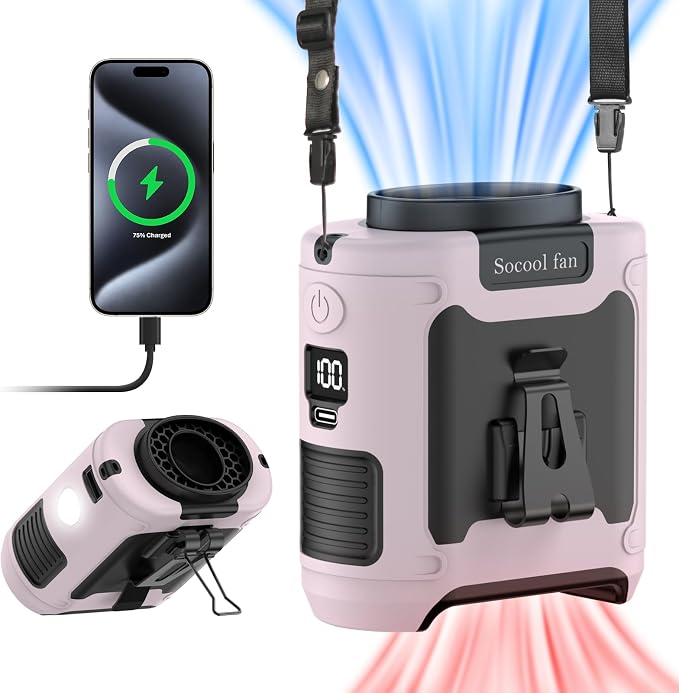 Socool 10000mAh Portable Waist Fan Clip on Wearable Belt Personal Fan Rechargeable Battery operated With 5 Speeds & Flashlight Neck Hands-Free 40H Cooling For Outdoor Camping Travel (Pink） by Socoolfancoolinhand