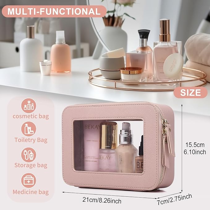Pinkmik Clear Makeup Bag, (Pink, M) | Waterproof, Travel Cosmetics and Toiletries Case, Portable Makeup Organizer, Clear Car Bag with Zipper - Image 3