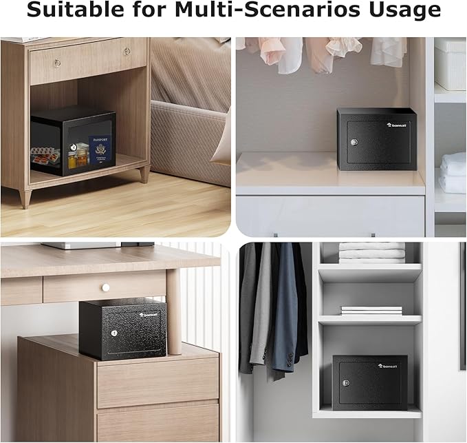 Bonsaii Safe Box with Key Lock, Steel Security Lock Box, 0.23 Cubic Feet, 9.06" W x 6.69" D x 6.69" H, Small Hidden Safe for Cash Jewelry | SPCC steel, 9.06x6.69x6.69 in, pry-resistant door & hidden hinges, pre-drilled for shelf/drawer/closet, includes... - Image 7