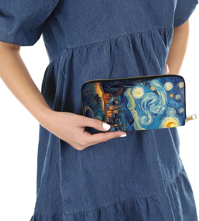 Women's RFID Blocking PU Leather Zip-Around Wallet, Large Capacity Clutch with Phone Holder, Travel Purse & Card Organizer with Removable Wristlet,Van Gogh Starry Night - Image 6