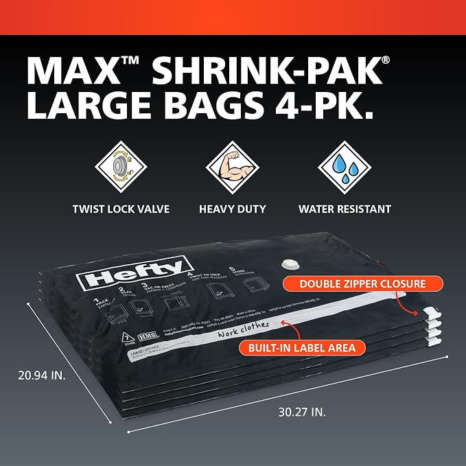 Hefty MAX Shrink-Pak Vacuum Seal Storage Bags for Clothing, Travel, Bedding | Tear & Water Resistant, Dual-Valve Space Saver Compression Bags - Large, 4-Pack - Image 4