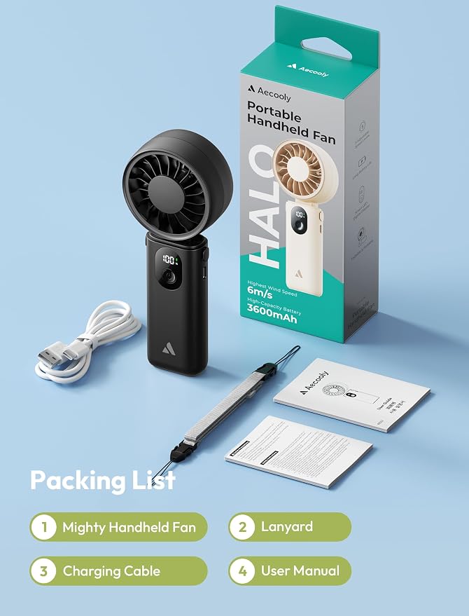 Aecooly Mighty Portable Handheld Fan | 20H Max Cooling | 3 Flexible Modes | 5 Speeds Wind | Battery Level Display | USB Rechargeable Mini Personal Battery Powered, Gifts for Women, Travel -Black - Image 9