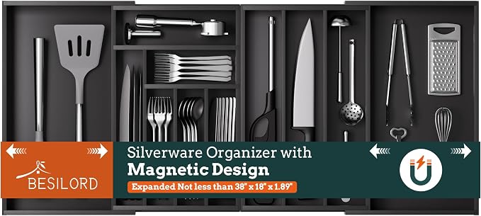 Bamboo Expandable Silverware Drawer Organizer 11 Slots Utensil Holder Black | Magnetic Adjustable Connection, 21-37.4 Inch Telescopic, 11 Divided Compartments, Black Bamboo, Classify All Kitchen Flatware by Besilord