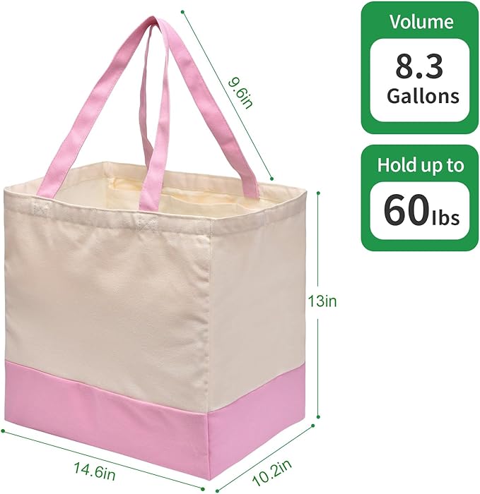 3 Pack Canvas Reusable Grocery Bags Heavy Duty, 8.3 gal Foldable Large Tote Bag with Handles, Holds 60 lbs Canvas Shopping Bags & Washable Eco-friendly Bags with 5 Pockets, Pink+Off white - Image 6