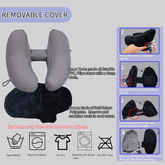 H-Shaped Travel Pillow with Snap-On Hood – Ergonomic Neck Support with Plush Velvet Cover, Instant Inflation & Compact Bag – for Airplane, Car, Office & Long Trips (Black) - Image 7