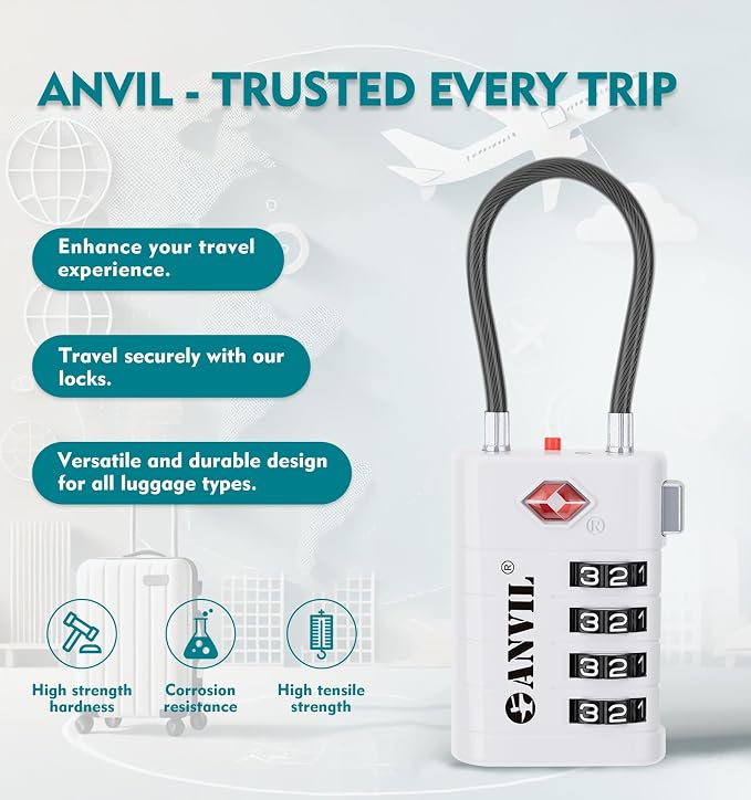 ANVIL TSA Approved Luggage Locks with Search Alert Indicator, 4-Digit Combination Suitcase Lock, Advanced TSA008 Core Heavy Duty Anti-Theft Travel Lock for Double Zippers, Backpacks - Image 4