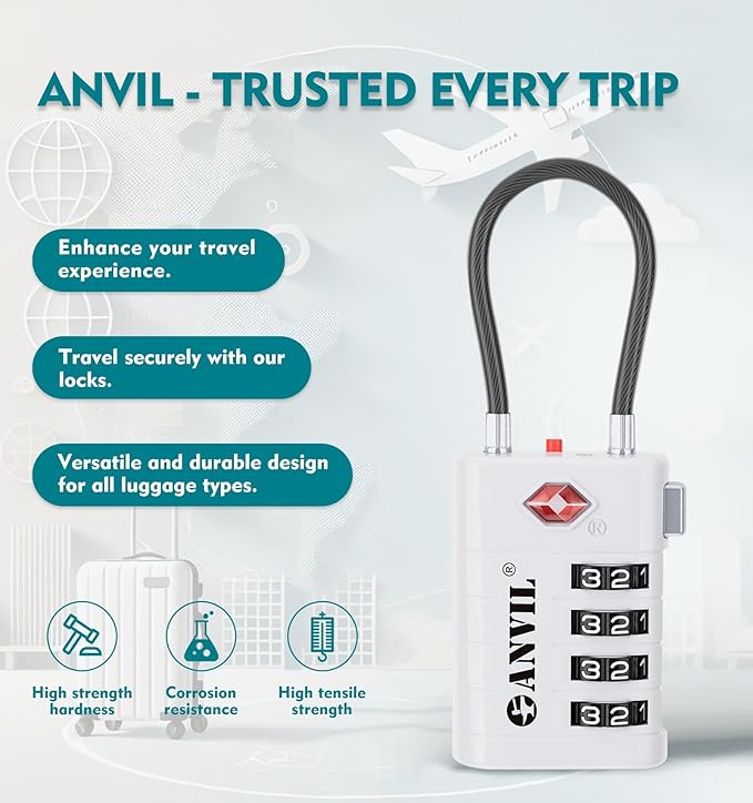 ANVIL TSA Approved Luggage Locks with Search Alert Indicator, 4-Digit Combination Suitcase Lock, Advanced TSA008 Core Heavy Duty Anti-Theft Travel Lock for Double Zippers, Backpacks - Image 4