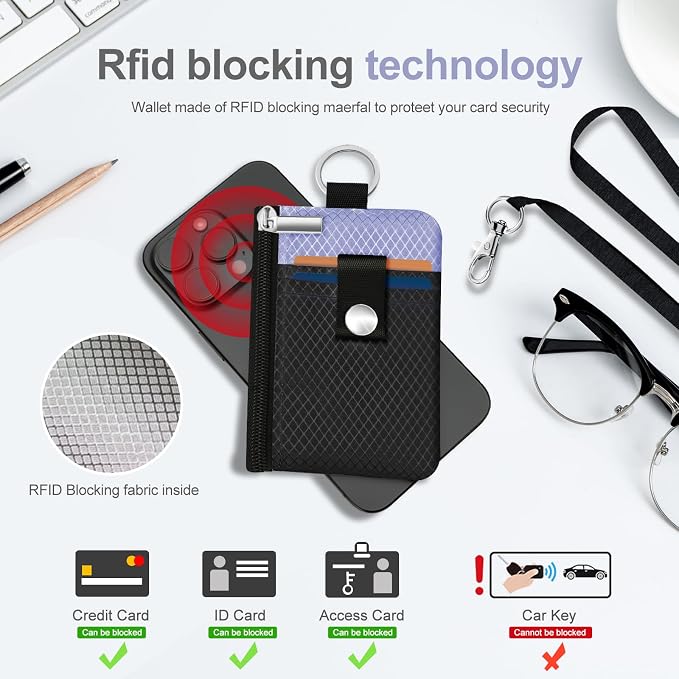Minimalist RFID Blocking Small Wallet with ID Window,WaterResistant Zip Id Case Wallet with Lanyard Keychain for Cards,Cash,Travel,Women,Men (Black/Lavender Purple) - Image 4