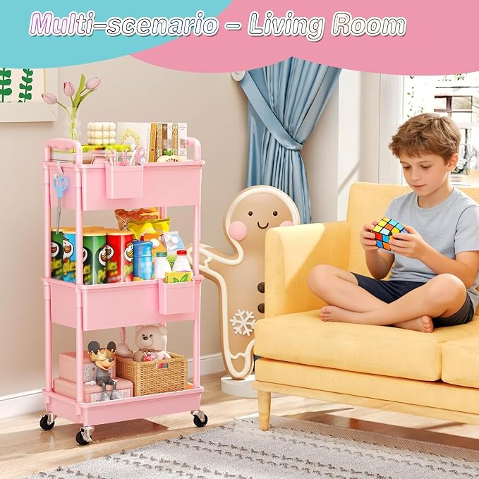 SUNALLY Baby Diaper Caddy Cart, 3 Tier Rolling Diaper Cart for Nursery,Pink | Large Capacity & Easy Assemble Diaper Storage Organizer with Lockable Wheels for Newborn, New Mom, Baby Girl Boy Essentials - Image 6