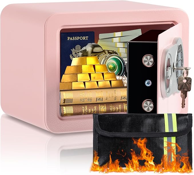 0.23 Cubic Feet Safe Box, Small Safe W/Fireproof Bag, Keys & Pass Code, Digital Electronic Security Money Box for Cash, Document, Home, Office, Hotel Use, Pink, 6.69"D x 9.06"W x 6.69"H by LockworthdedicatedtoSafe