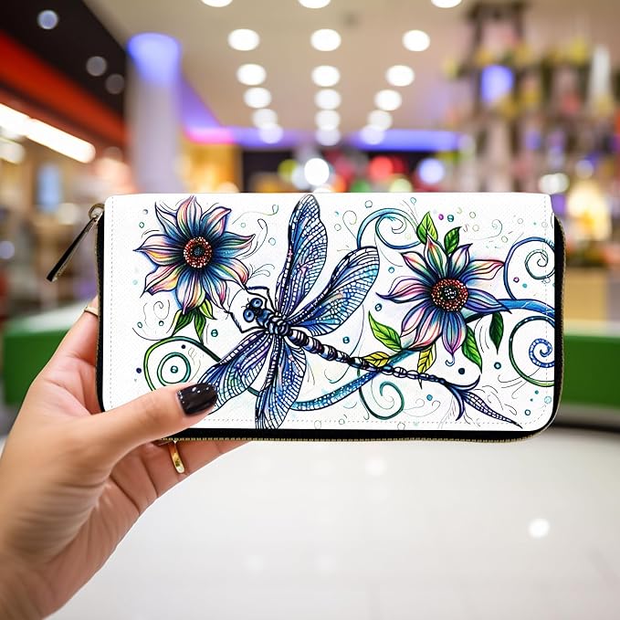 Wallet,Leather Long Wallet Suitable For Ladies And Teenagers - Detachable Wristband + RFID Travel Wallet With Card Slot - Dragonfly with Flowers - Image 4