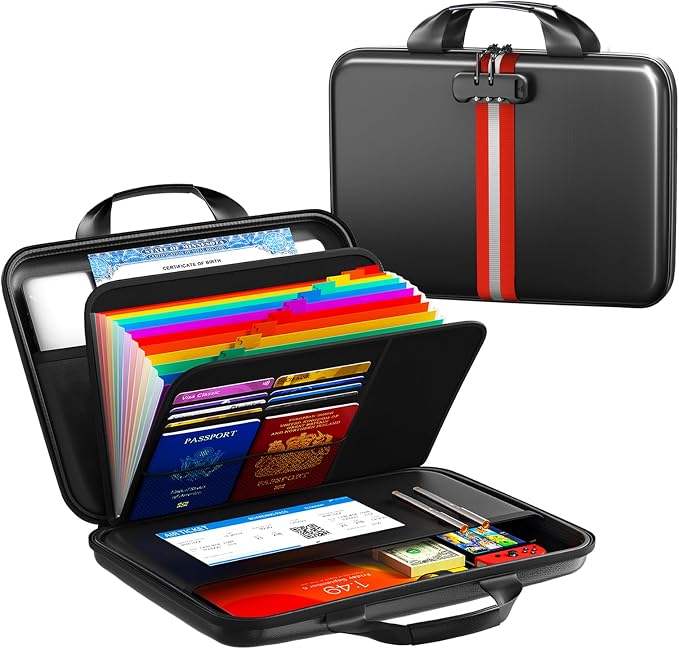 Fireproof Document Organizer with Lock, Rigid EVA File Box with 13-Pocket Accordion Folder for Important Documents & Tablets under 11", Lightweight Safe Storage for Home, Office & Travel (Small Size) by Unknown